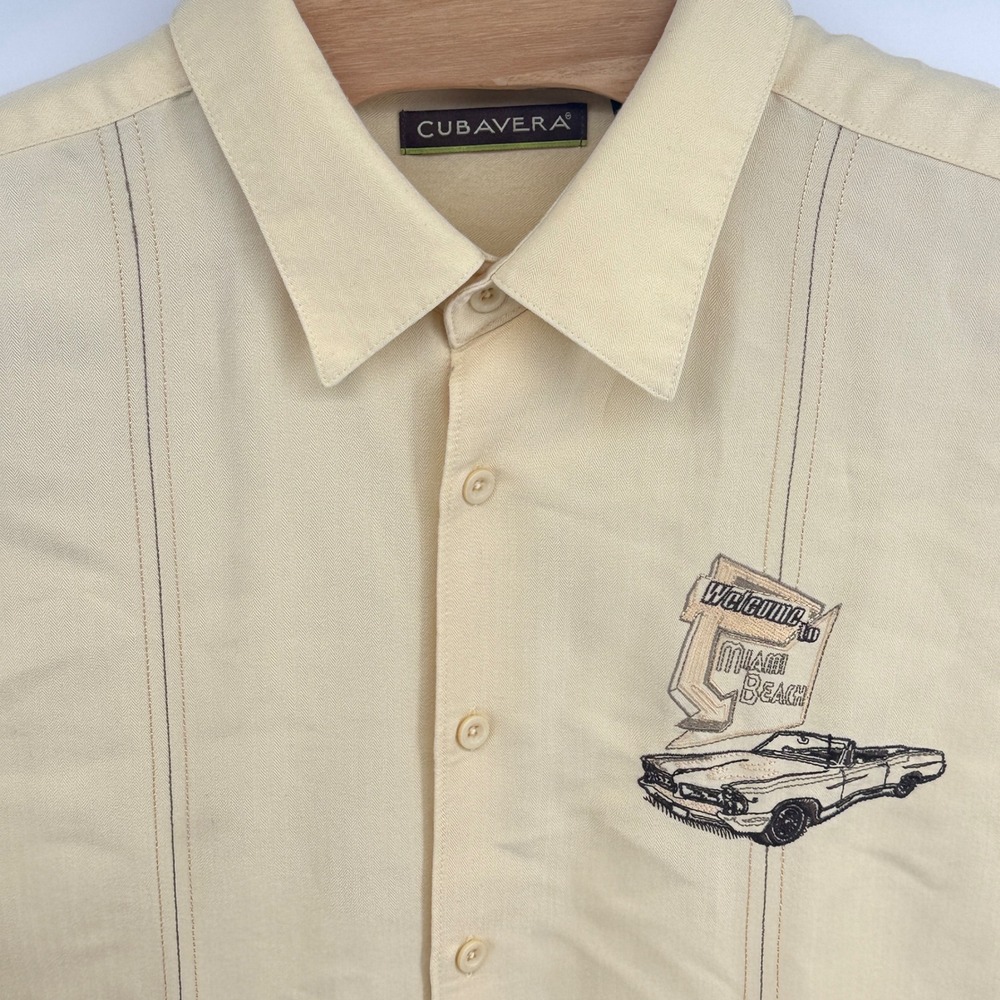 Cubavera Mens XXL Miami Beach Embroidered Guayabera Camp Shirt Cream Rayon Blend